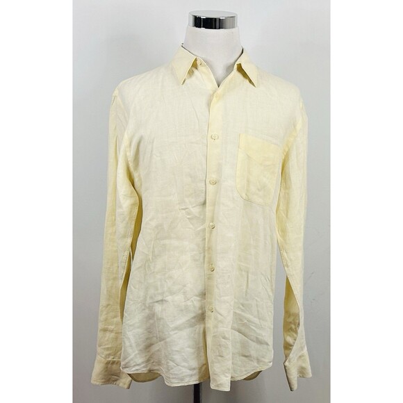 J Crew Large Tailored Fit 100% Irish Linen Shirt Yellow Casual Button Front - Picture 2 of 5